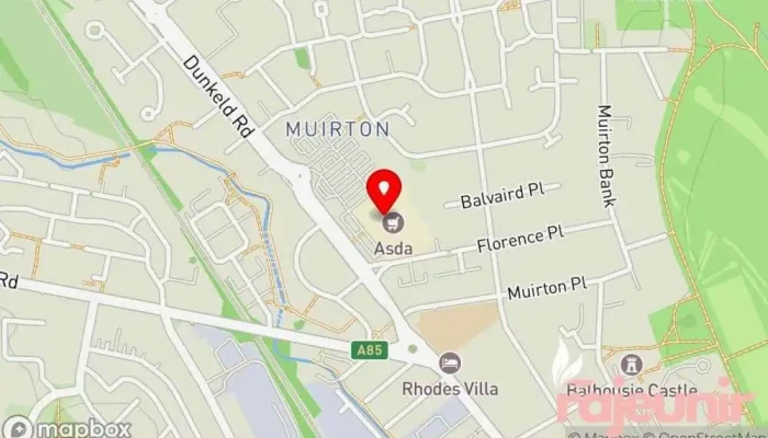 map of Asda Perth Superstore Supermarket, ATM, Cafe, Clothing store, Gas station, Pharmacy in Perth